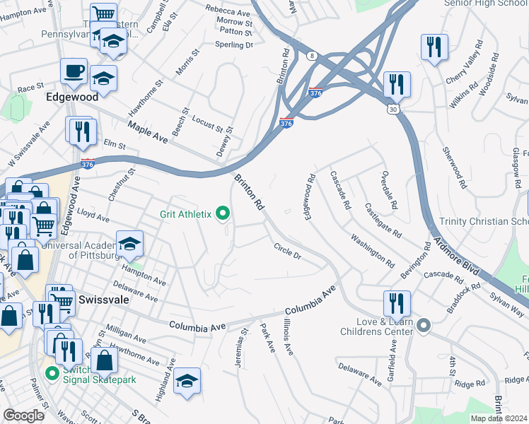 map of restaurants, bars, coffee shops, grocery stores, and more near Brinton Road in Pittsburgh