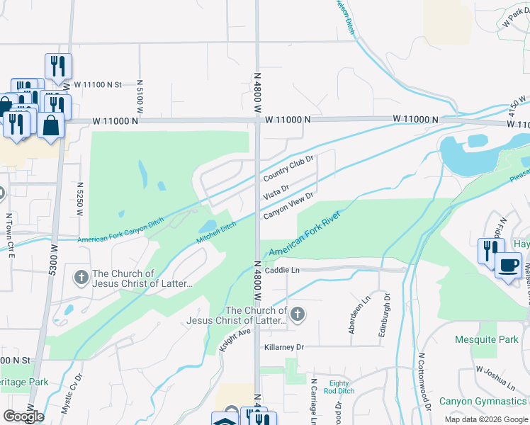 map of restaurants, bars, coffee shops, grocery stores, and more near 4796 Canyon View Drive in Highland