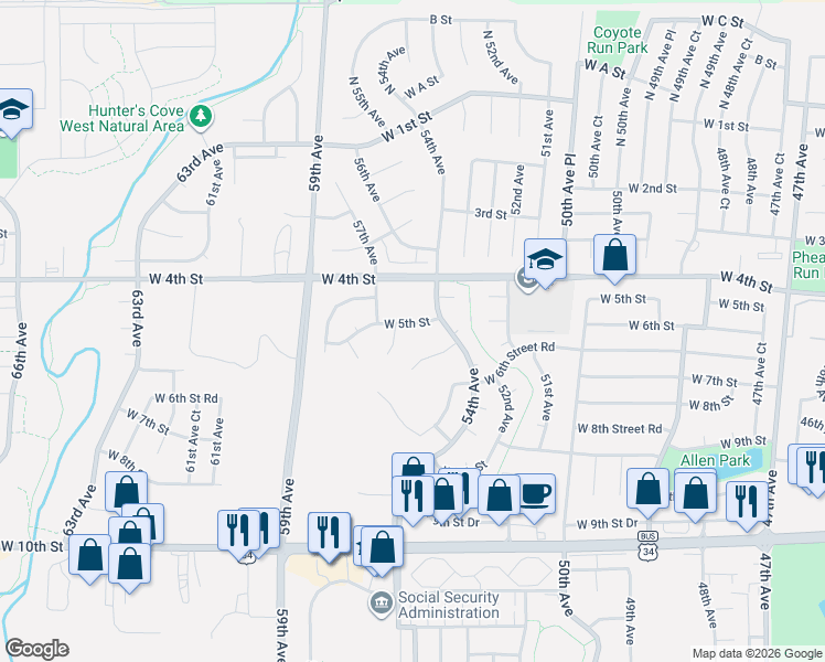 map of restaurants, bars, coffee shops, grocery stores, and more near 5412 West 5th Street in Greeley
