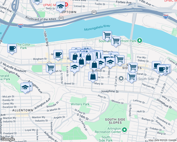 map of restaurants, bars, coffee shops, grocery stores, and more near 1715 Sarah Street in Pittsburgh