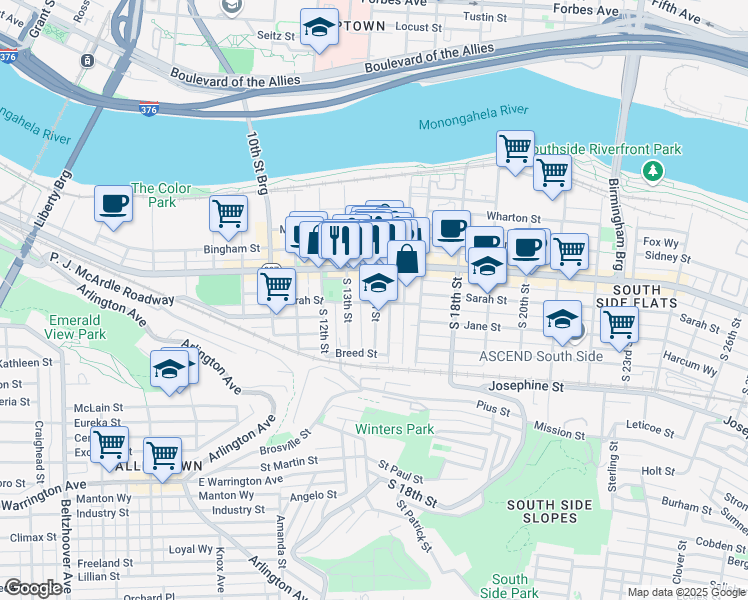 map of restaurants, bars, coffee shops, grocery stores, and more near 64 South 14th Street in Pittsburgh