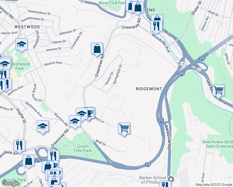 map of restaurants, bars, coffee shops, grocery stores, and more near 200 Elizabeth Drive in Pittsburgh