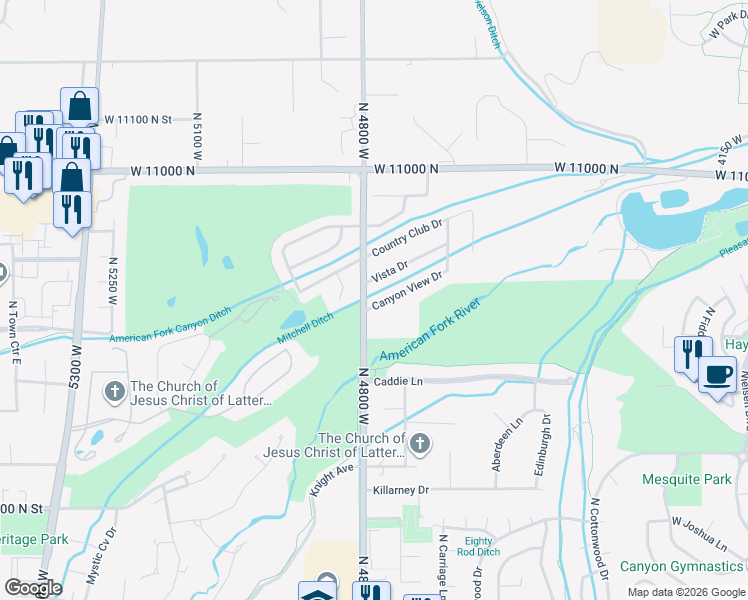 map of restaurants, bars, coffee shops, grocery stores, and more near 4796 Canyon View Drive in Highland