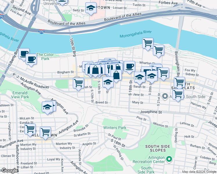map of restaurants, bars, coffee shops, grocery stores, and more near 1403 Sarah Street in Pittsburgh