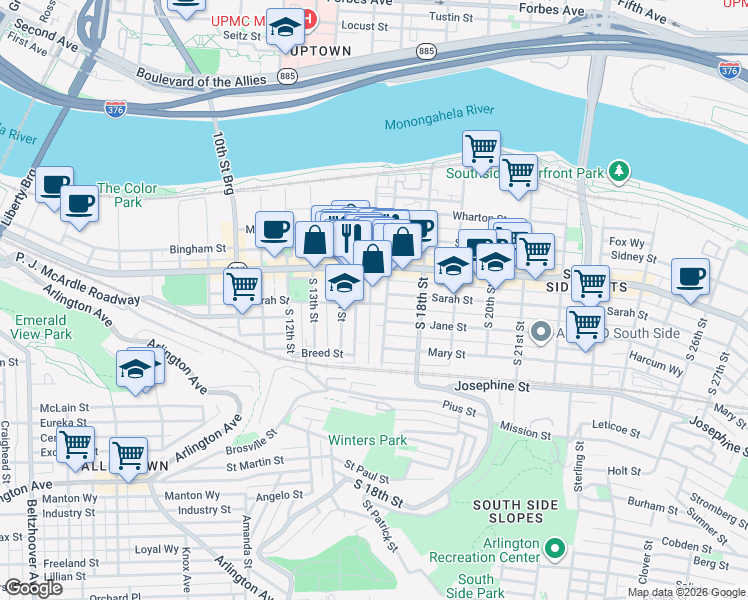 map of restaurants, bars, coffee shops, grocery stores, and more near 114 South 16th Street in Pittsburgh