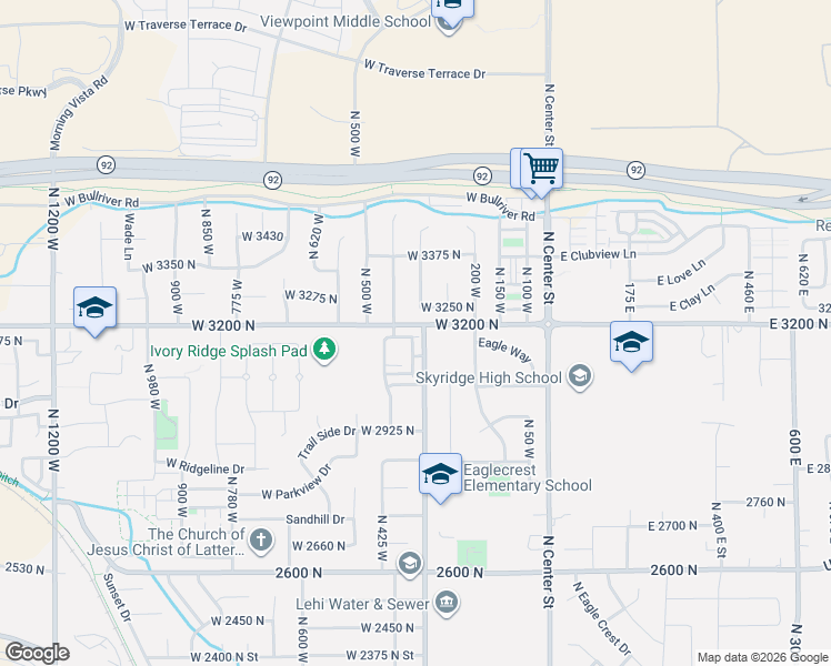 map of restaurants, bars, coffee shops, grocery stores, and more near 337 West 3200 North in Lehi