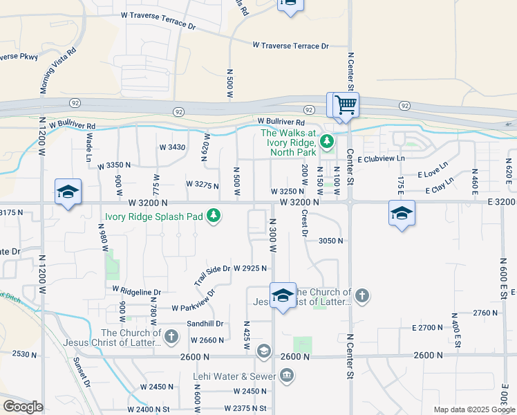 map of restaurants, bars, coffee shops, grocery stores, and more near 389 West 3200 North in Lehi