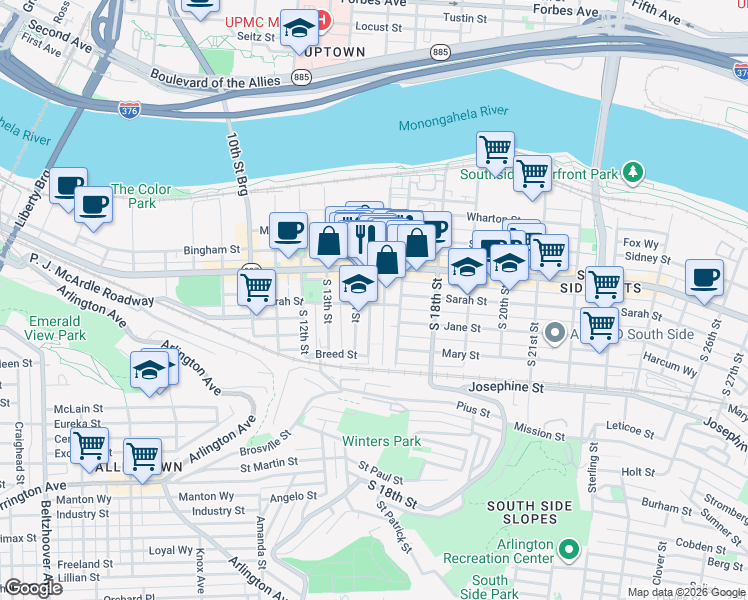 map of restaurants, bars, coffee shops, grocery stores, and more near 114 South 16th Street in Pittsburgh