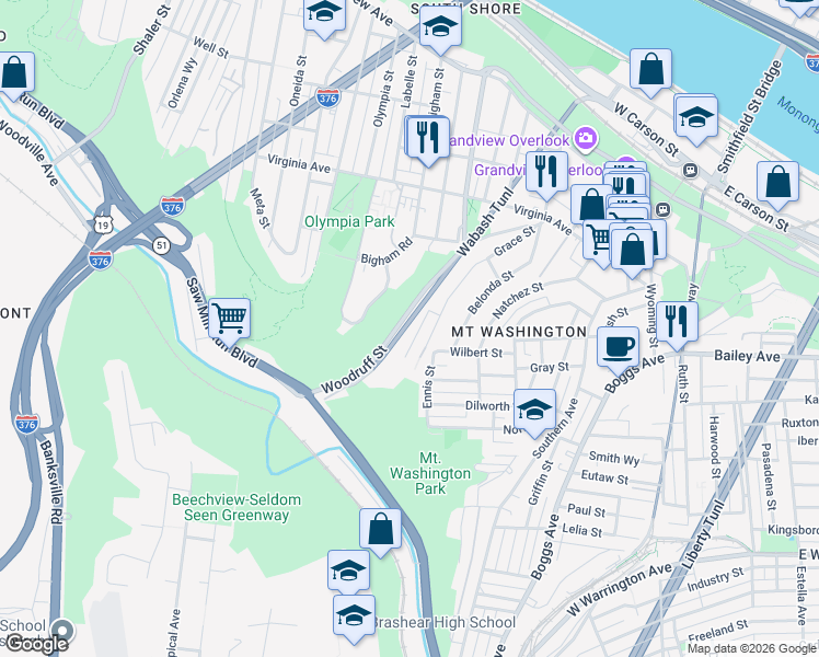 map of restaurants, bars, coffee shops, grocery stores, and more near 52 Rubicon Street in Pittsburgh