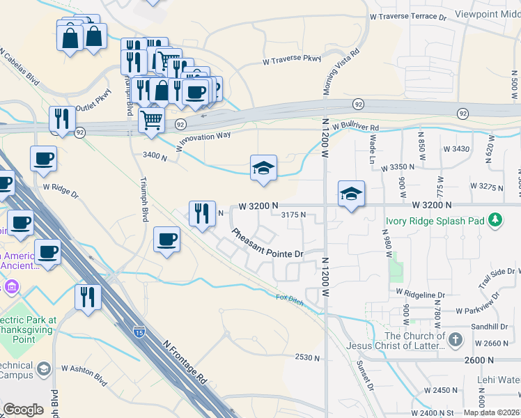 map of restaurants, bars, coffee shops, grocery stores, and more near 3200 Provence Lane in Lehi