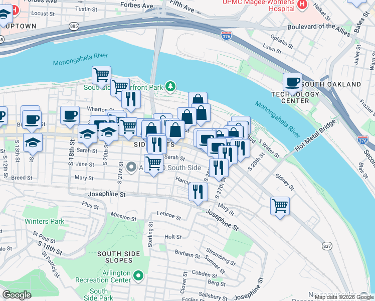 map of restaurants, bars, coffee shops, grocery stores, and more near 2400 East Carson Street in Pittsburgh