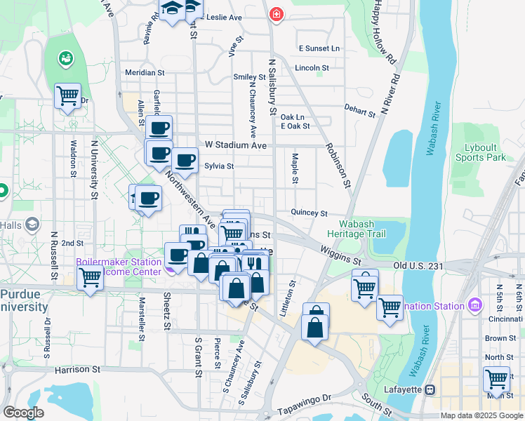 map of restaurants, bars, coffee shops, grocery stores, and more near 116 Fowler Avenue in West Lafayette