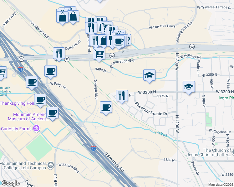 map of restaurants, bars, coffee shops, grocery stores, and more near 1754 West 3180 North in Lehi