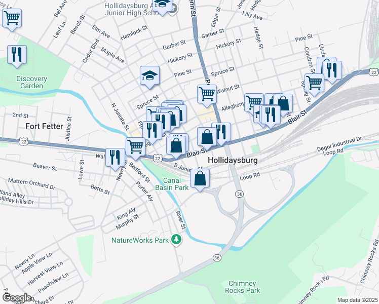 map of restaurants, bars, coffee shops, grocery stores, and more near 317 Blair Street in Hollidaysburg