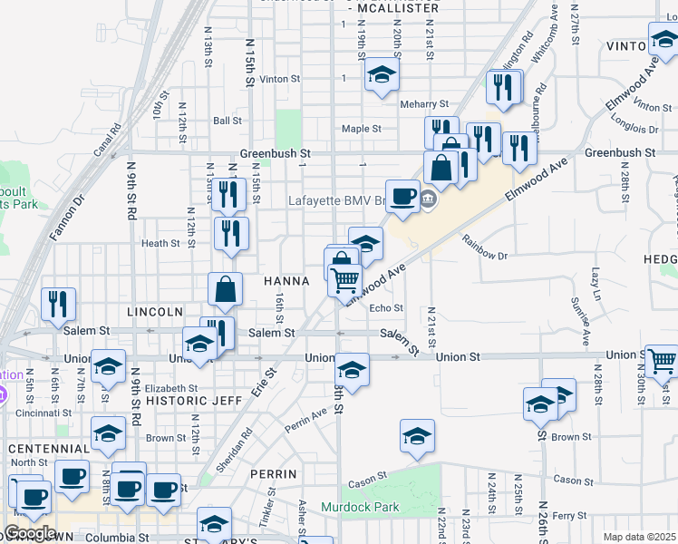 map of restaurants, bars, coffee shops, grocery stores, and more near 1029 North 18th Street in Lafayette