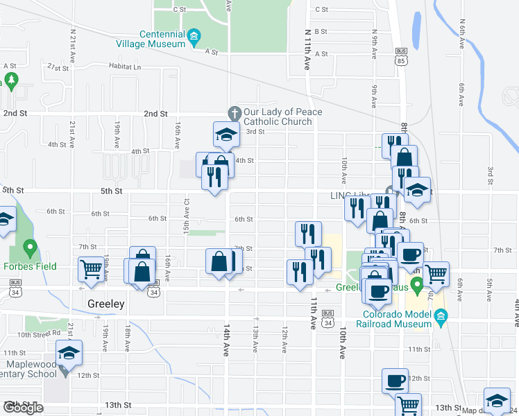 map of restaurants, bars, coffee shops, grocery stores, and more near 515 13th Avenue in Greeley