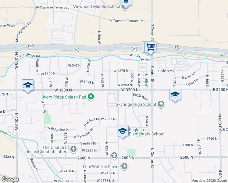map of restaurants, bars, coffee shops, grocery stores, and more near 343 West 3250 North in Lehi