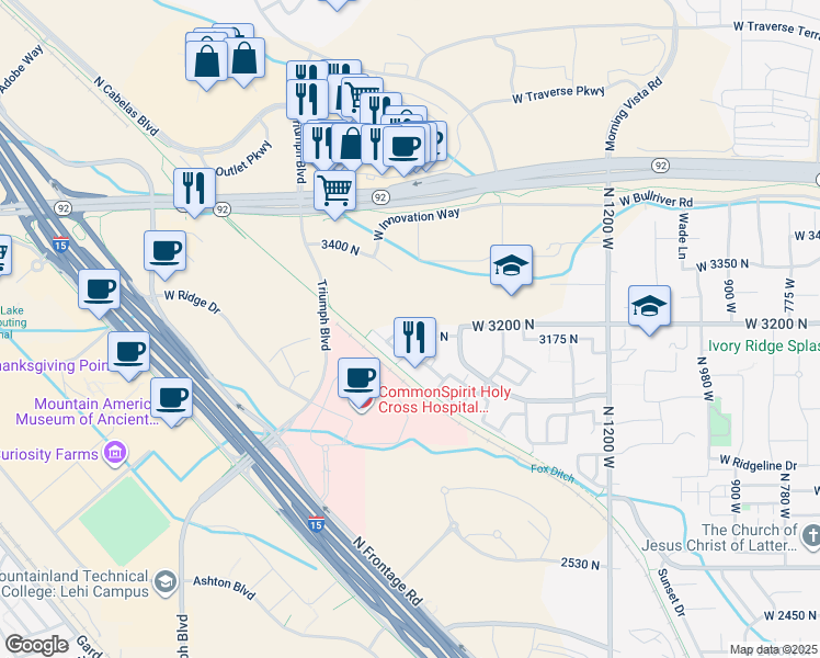 map of restaurants, bars, coffee shops, grocery stores, and more near 1656 West 3180 North in Lehi