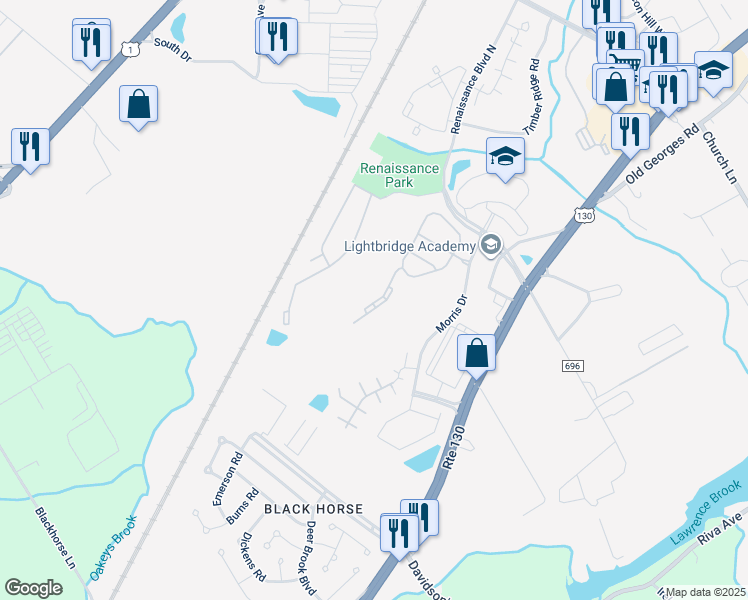 map of restaurants, bars, coffee shops, grocery stores, and more near 143 Briarwood Drive in North Brunswick Township