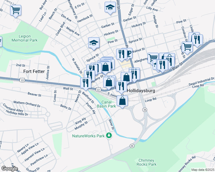map of restaurants, bars, coffee shops, grocery stores, and more near 215 Mulberry Street in Hollidaysburg