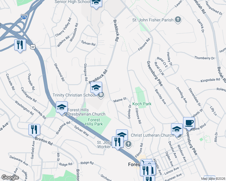 map of restaurants, bars, coffee shops, grocery stores, and more near 312 Ridge Avenue in Pittsburgh