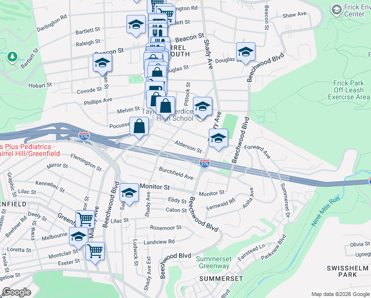 map of restaurants, bars, coffee shops, grocery stores, and more near 6355 Alderson Street in Pittsburgh