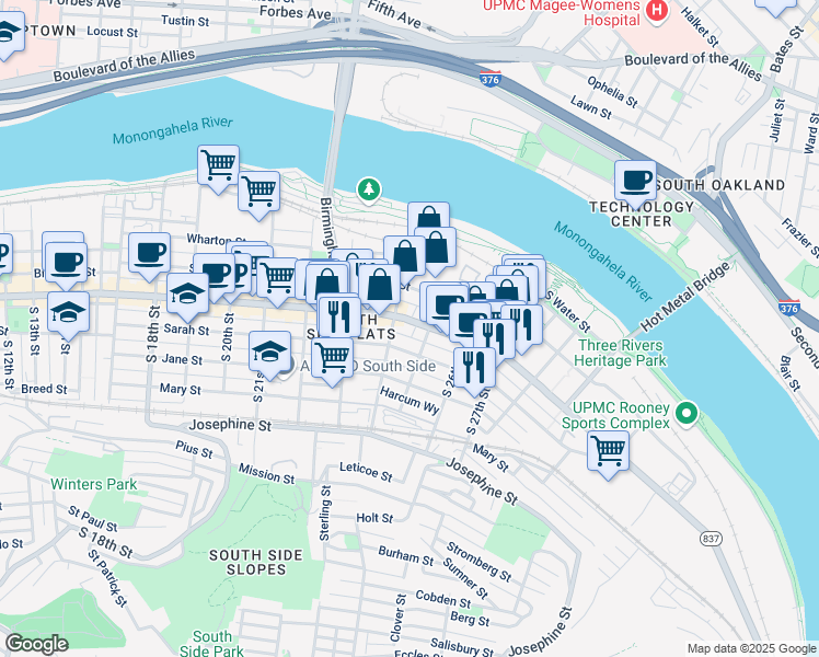 map of restaurants, bars, coffee shops, grocery stores, and more near 2325 East Carson Street in Pittsburgh