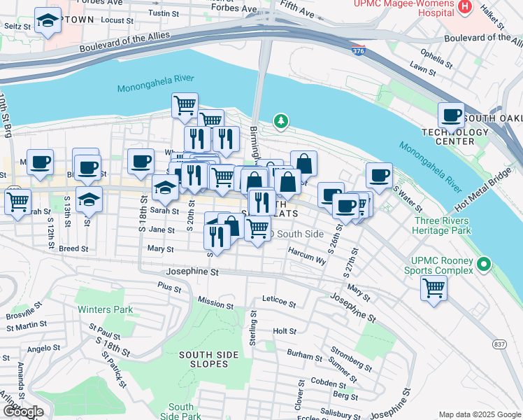 map of restaurants, bars, coffee shops, grocery stores, and more near in Pittsburgh