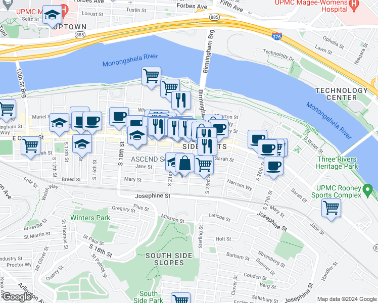 map of restaurants, bars, coffee shops, grocery stores, and more near 2135 Carey Way in Pittsburgh