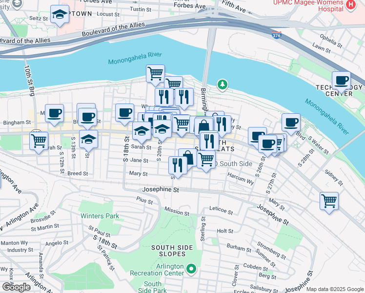 map of restaurants, bars, coffee shops, grocery stores, and more near 2135 Carey Way in Pittsburgh