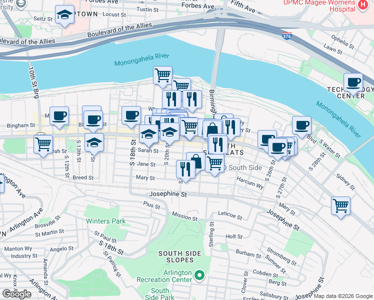 map of restaurants, bars, coffee shops, grocery stores, and more near 2135 Carey Way in Pittsburgh