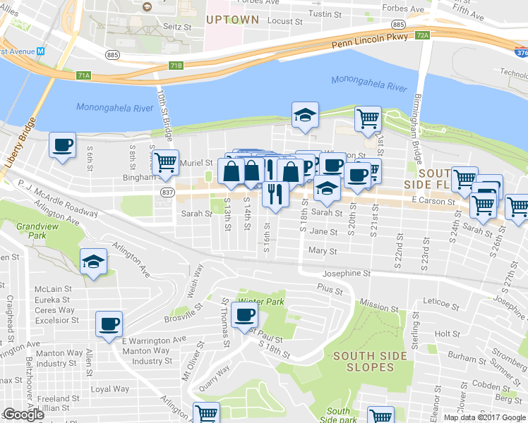 map of restaurants, bars, coffee shops, grocery stores, and more near 114 South 16th Street in Pittsburgh