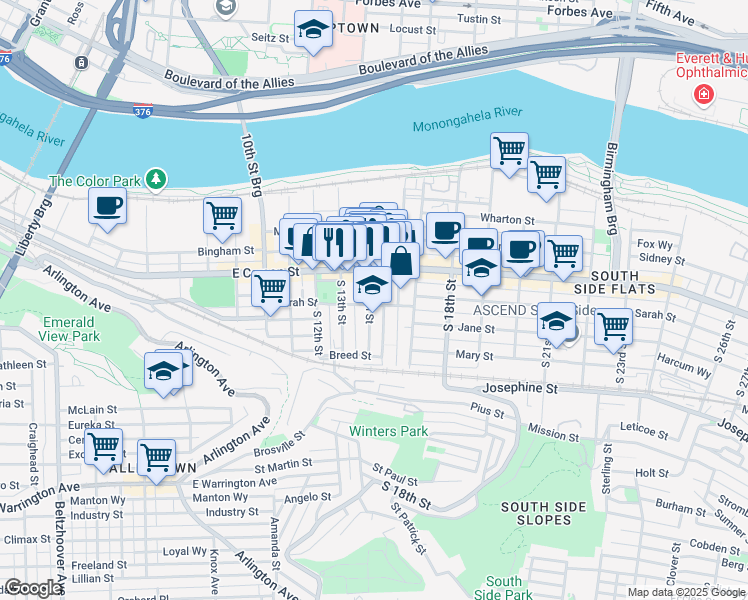 map of restaurants, bars, coffee shops, grocery stores, and more near 1317 Sarah Street in Pittsburgh