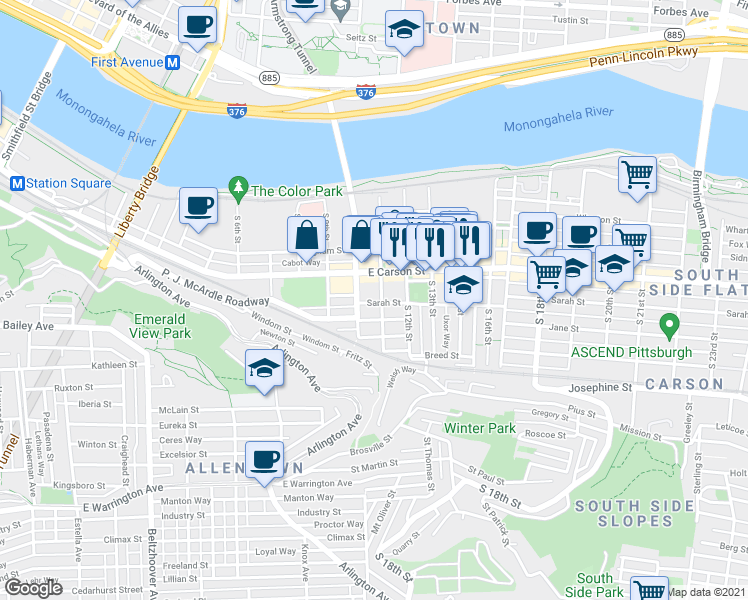 map of restaurants, bars, coffee shops, grocery stores, and more near 86 South 11th Street in Pittsburgh