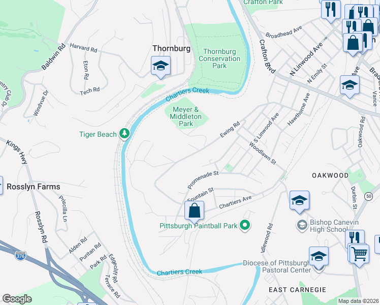 map of restaurants, bars, coffee shops, grocery stores, and more near 238 Ewing Road in Pittsburgh