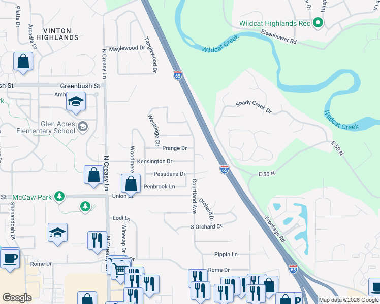 map of restaurants, bars, coffee shops, grocery stores, and more near 3937 Prange Drive in Lafayette