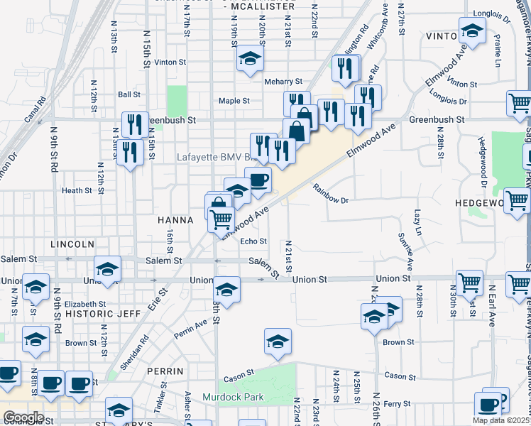 map of restaurants, bars, coffee shops, grocery stores, and more near 2001 Elmwood Avenue in Lafayette