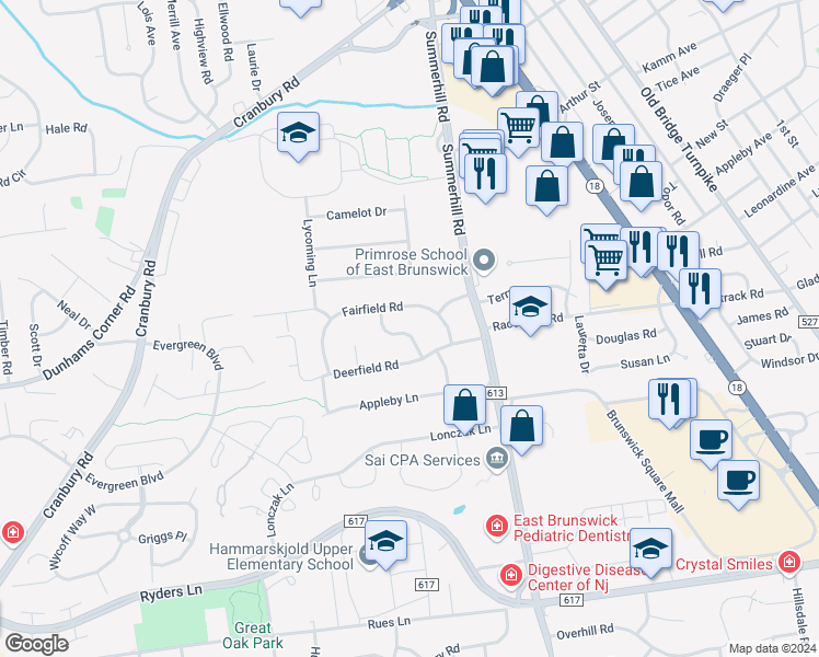 map of restaurants, bars, coffee shops, grocery stores, and more near 7 Richard Road in East Brunswick
