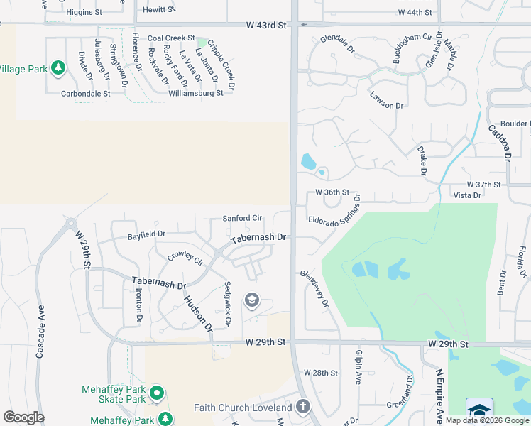 map of restaurants, bars, coffee shops, grocery stores, and more near 2943 Sanford Circle in Loveland