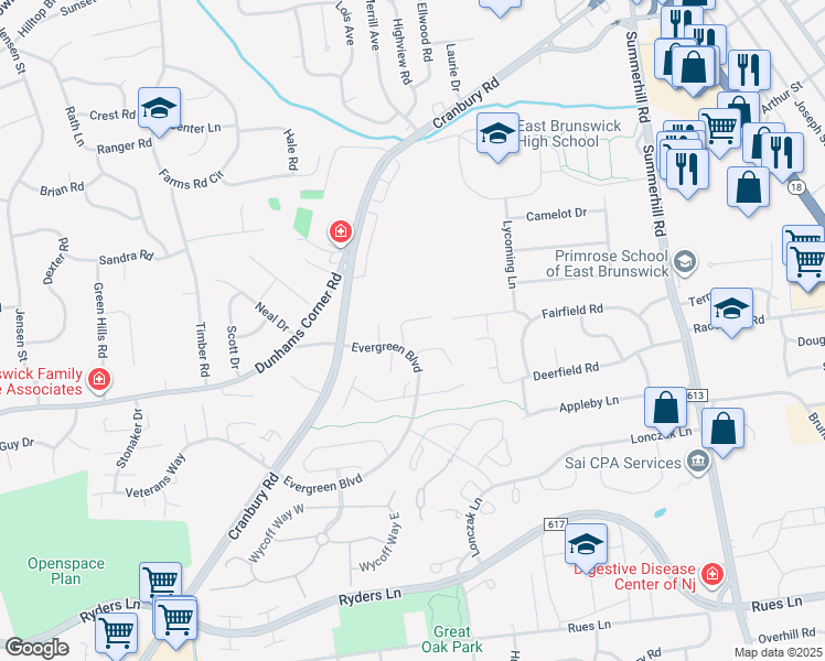 map of restaurants, bars, coffee shops, grocery stores, and more near 29 Van Pelt Court in East Brunswick