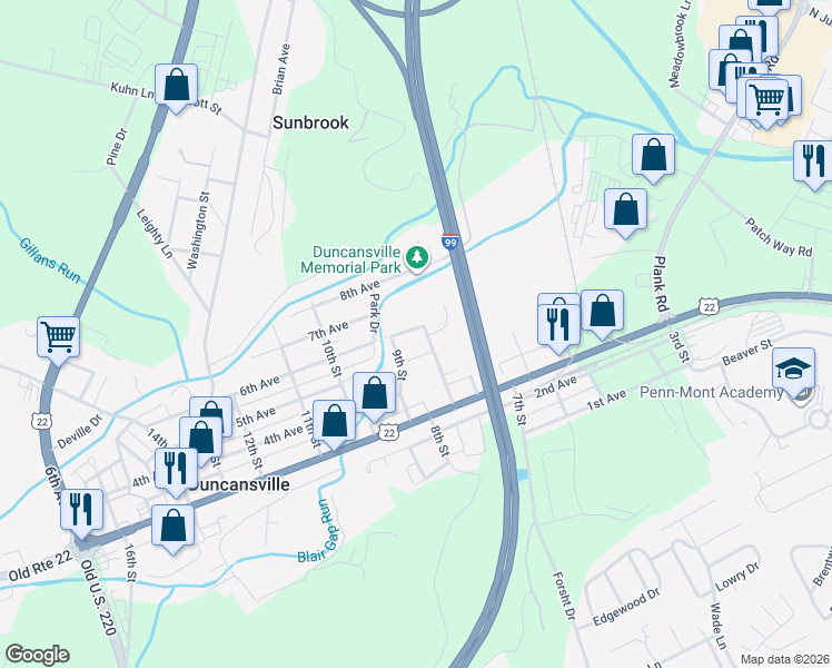map of restaurants, bars, coffee shops, grocery stores, and more near 149 6th Street in Duncansville