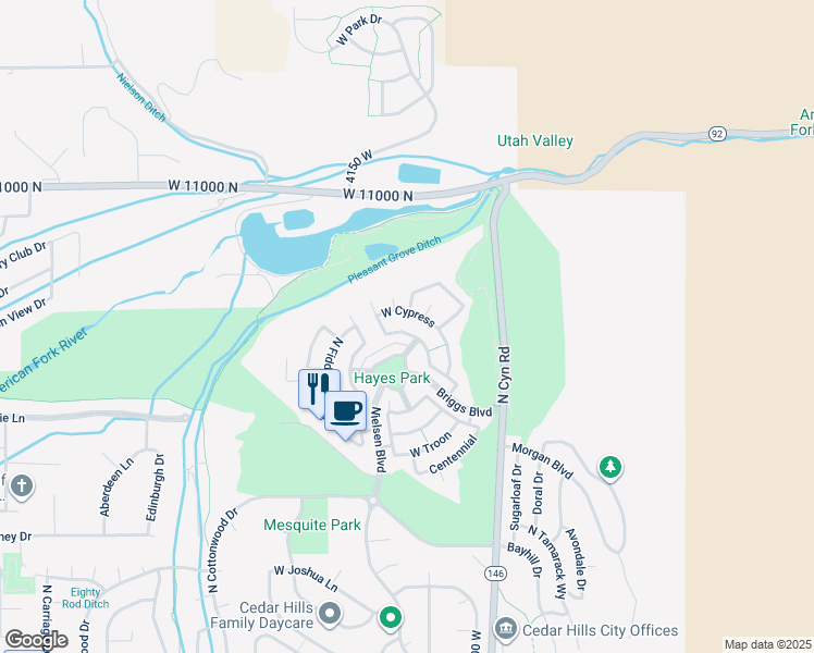 map of restaurants, bars, coffee shops, grocery stores, and more near 4068 Shinnecock in Pleasant Grove