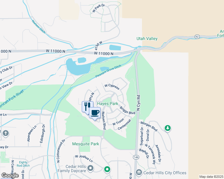map of restaurants, bars, coffee shops, grocery stores, and more near 4068 Shinnecock in Pleasant Grove