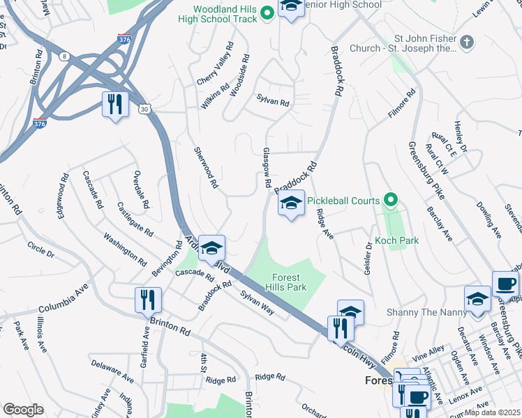 map of restaurants, bars, coffee shops, grocery stores, and more near 517 Braddock Road in Pittsburgh
