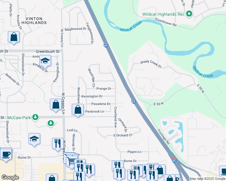 map of restaurants, bars, coffee shops, grocery stores, and more near 3937 Prange Drive in Lafayette