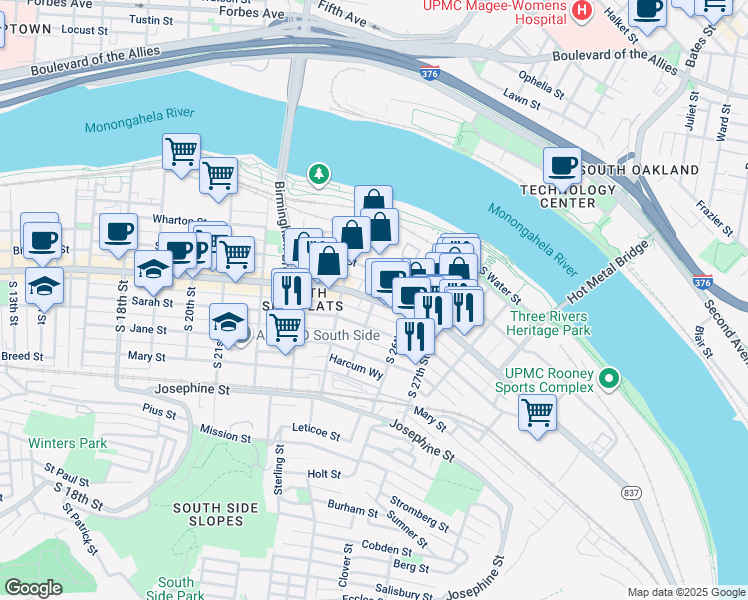 map of restaurants, bars, coffee shops, grocery stores, and more near E Carson St & S 25th St in Pittsburgh