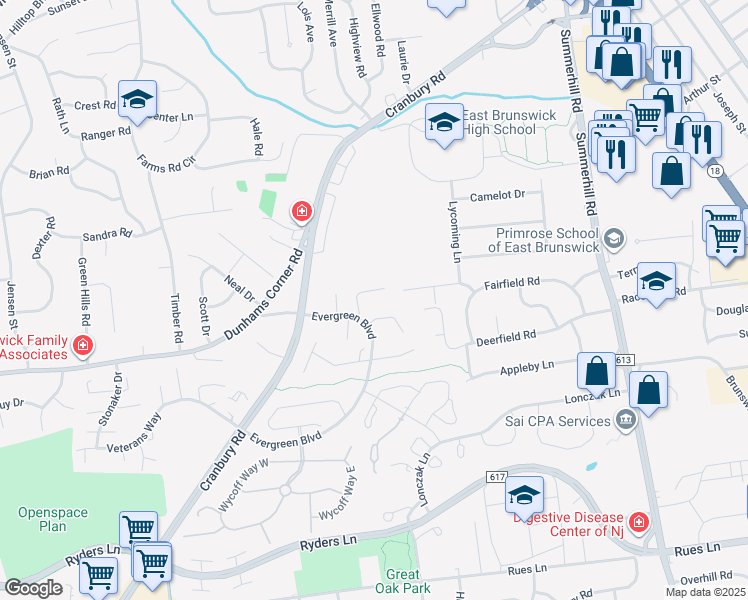map of restaurants, bars, coffee shops, grocery stores, and more near 29 Van Pelt Court in East Brunswick