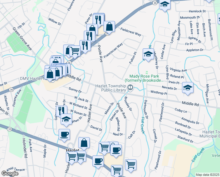 map of restaurants, bars, coffee shops, grocery stores, and more near 221 Middle Road in Hazlet