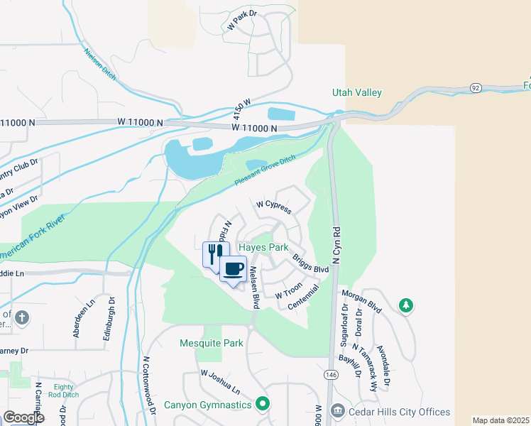 map of restaurants, bars, coffee shops, grocery stores, and more near 4084 West Shinnecock Street in Cedar Hills