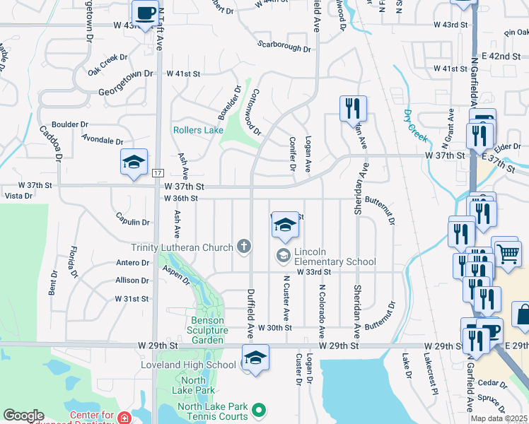map of restaurants, bars, coffee shops, grocery stores, and more near 3513 North Douglas Avenue in Loveland